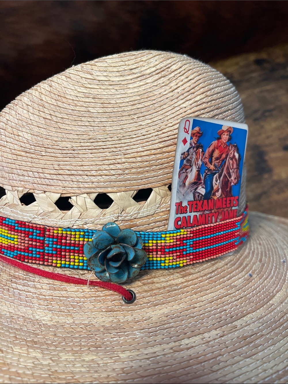 Women’s Straw Cowboy Hat with Multicolor Beaded Band, accent pins, hat clip - Picture 8 of 14